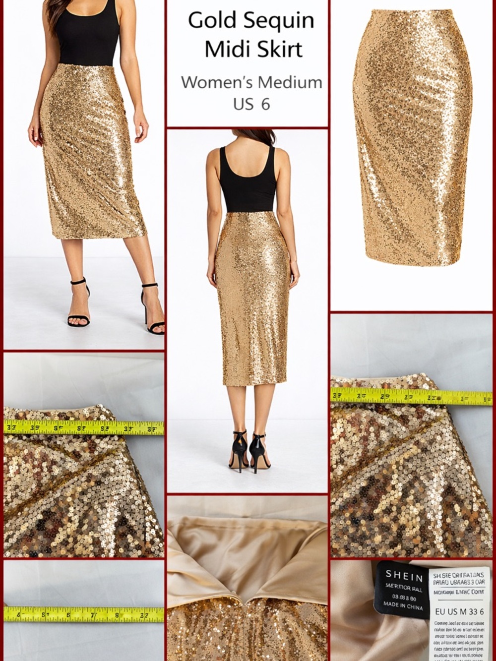 SHEIN Gold Sequin Midi Skirt Women’s Medium US 6 Sparkly Party Holiday Glam - Picture 4 of 11